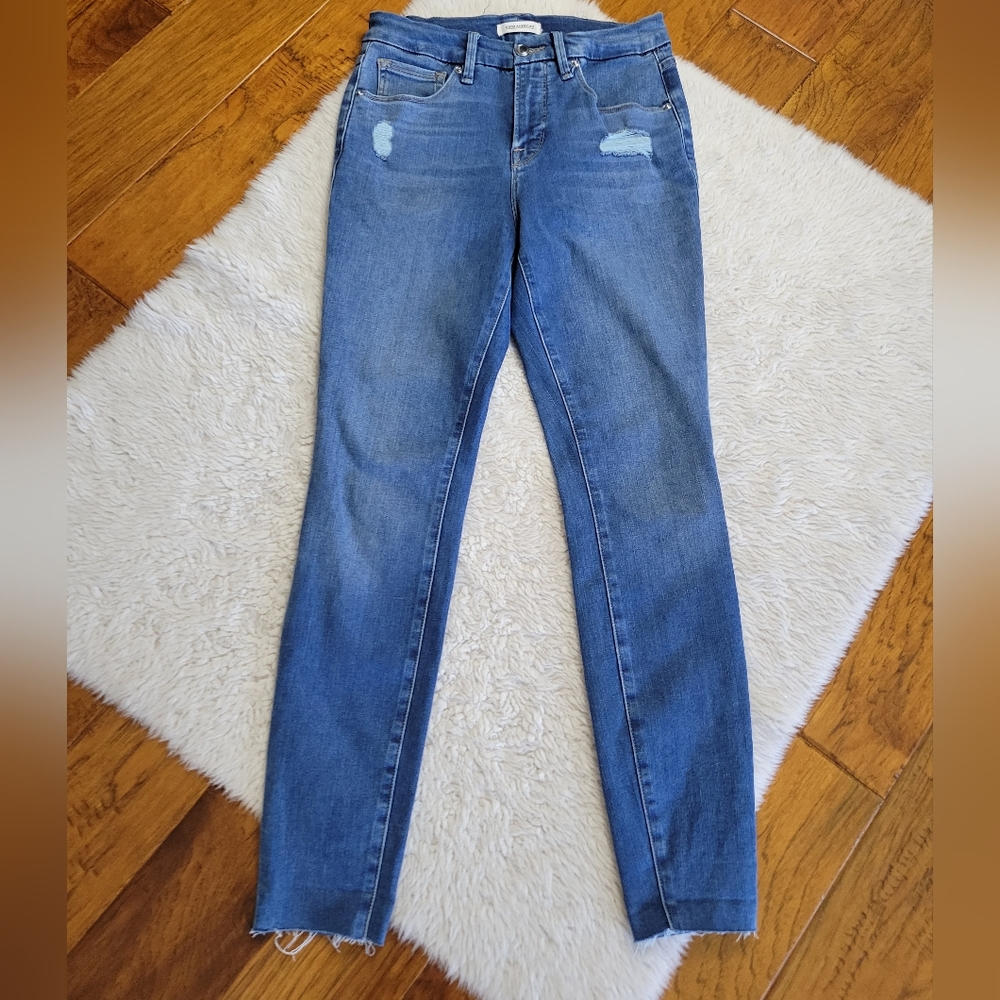 Good American Good Legs Jeans Raw Hem Distressed Medium Wash Blue 431 Size 6